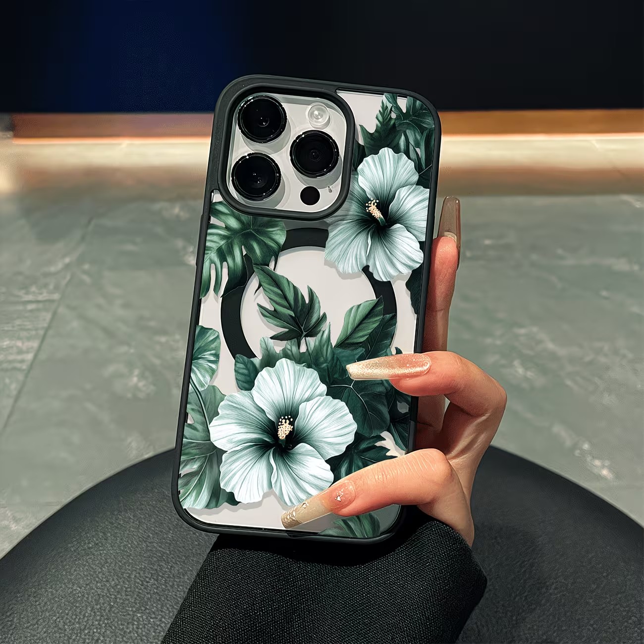 Apple Iphone 15 Pro Max - 그린 플로럴 프린트 폰 케이스 (아이폰