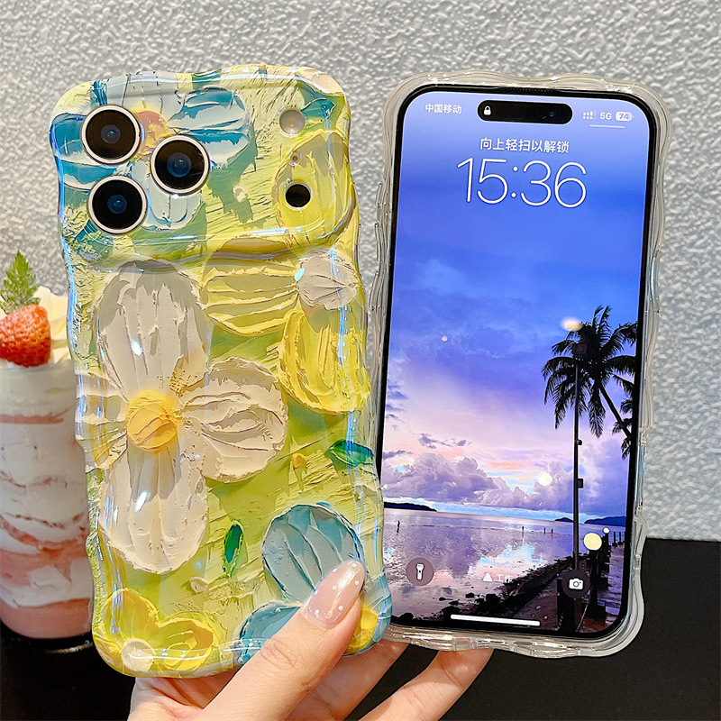 Apple Iphone 15 Pro Max - 패션 유화 꽃무늬 웨이브 폰 케이스